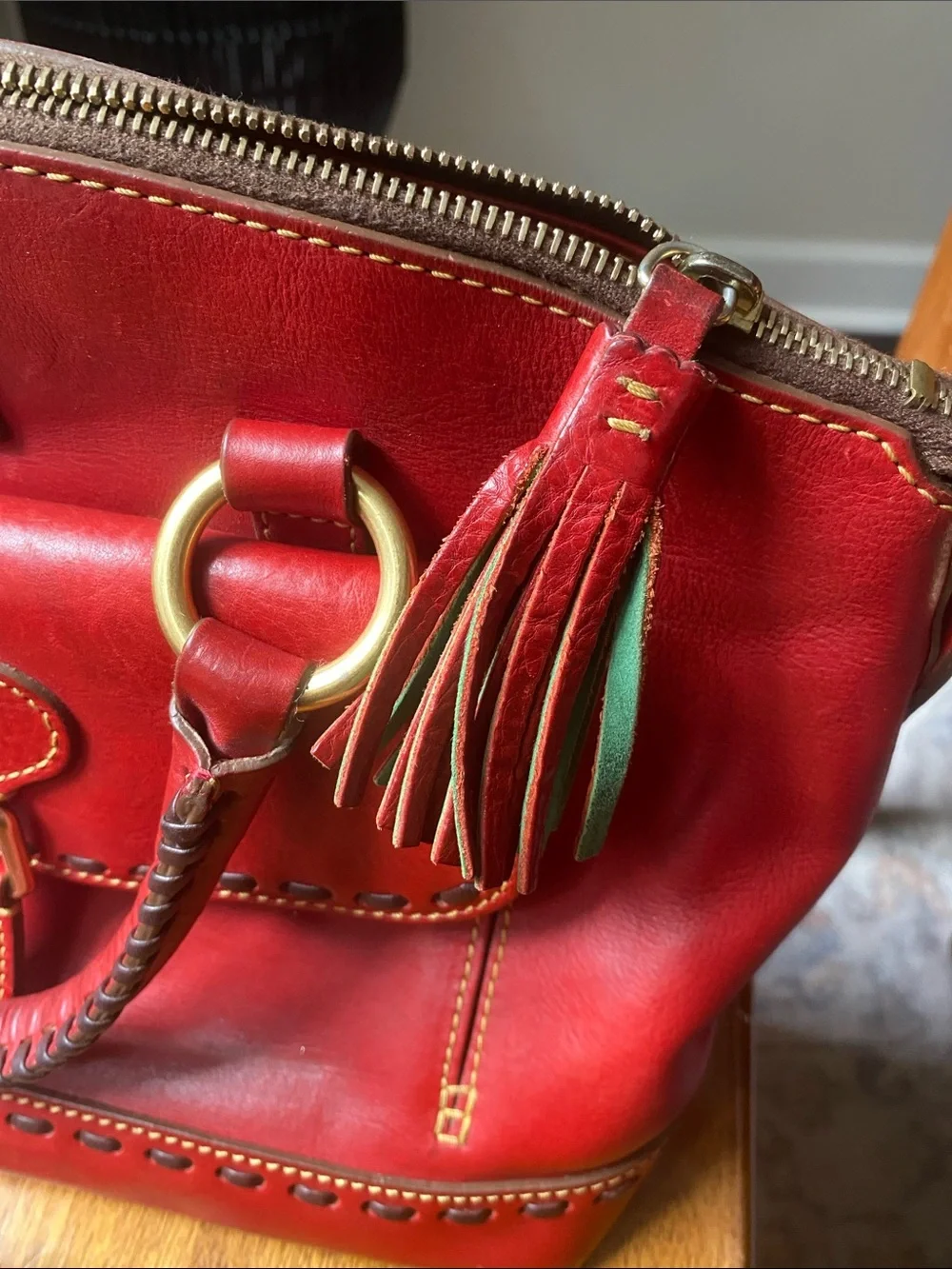 Dooney & Bourke Florentine Janine Red Leather Satchel Whip Stitching Top Handles